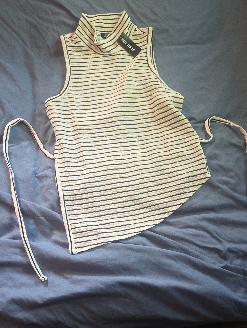 Hot Topic Women's Cream & Black Striped Sleeveless Mock Neck Tank with Side Ties